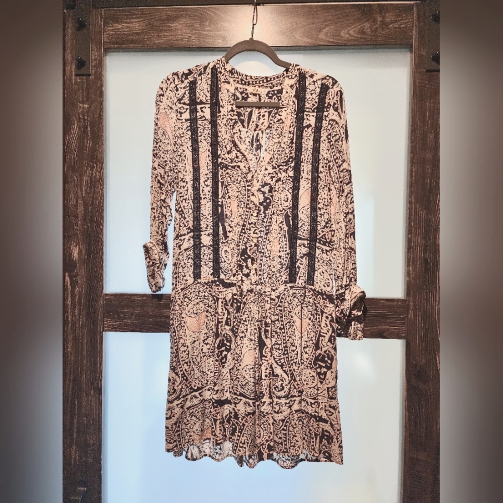 Anthropologie TINY Caviana Paisley Boho Drop Waist Dress Long Sleeve Blue small